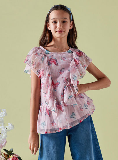 All Over Butterfly Print Top with Round Neck and Ruffle Detail