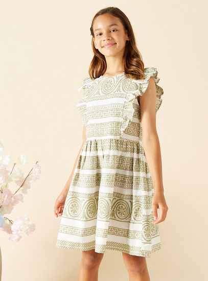 Ikat Print Sleeveless Dress with Round Neck and Ruffle Detail-Occasion Dresses-image-1