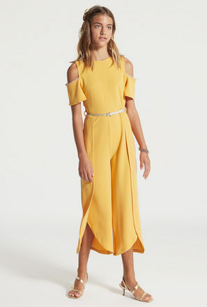 Solid Jumpsuit with Cold-Shoulder Short Sleeves and Zip Closure