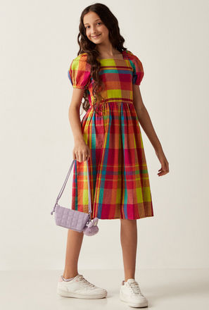 Checked Square Neck Dress with Short Puff Sleeves