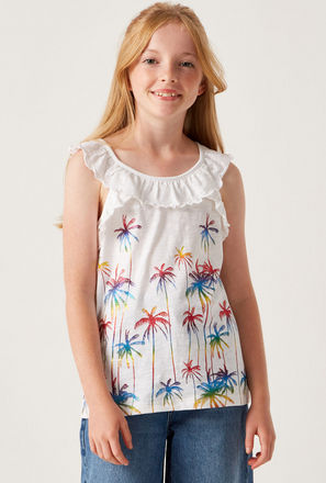 Printed Sleeveless Top with Round Neck and Ruffle Detail