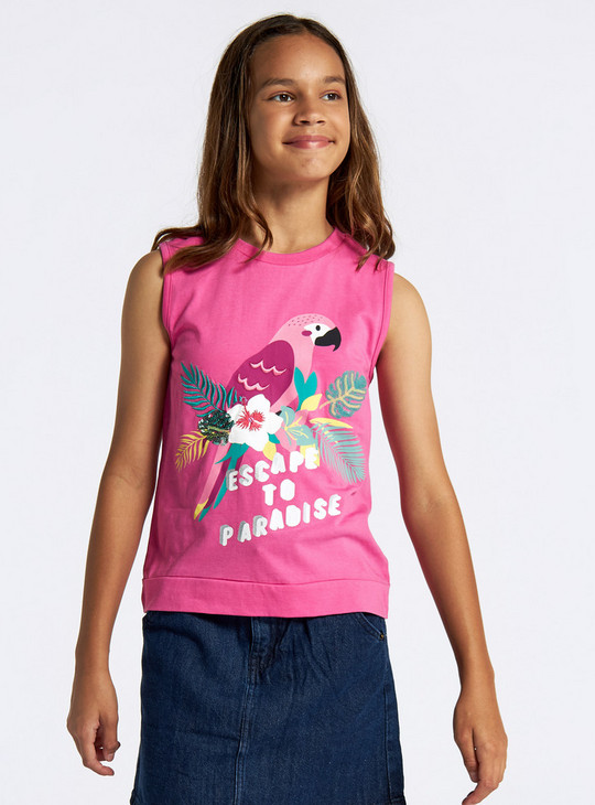 Tropical Print Sleeveless T-shirt with Round Neck and Stylised Back
