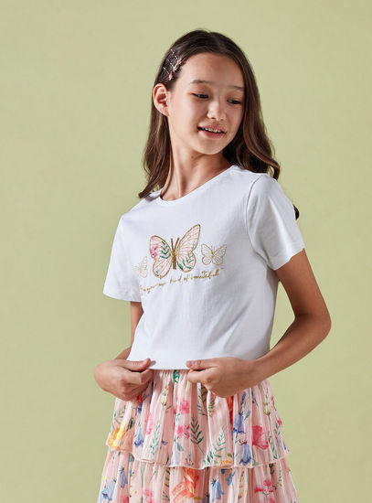 Butterfly Embroidered T-shirt and Floral Print Layered Skirt Set