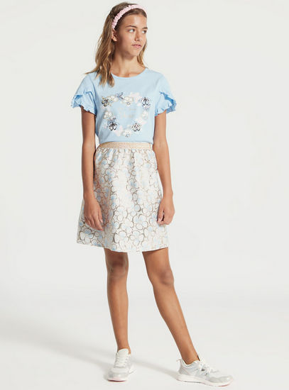 Butterfly Print Top and Jacquard Skirt Set