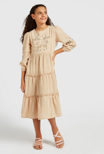 Floral Embroidered Tiered Maxi Dress with Long Sleeves