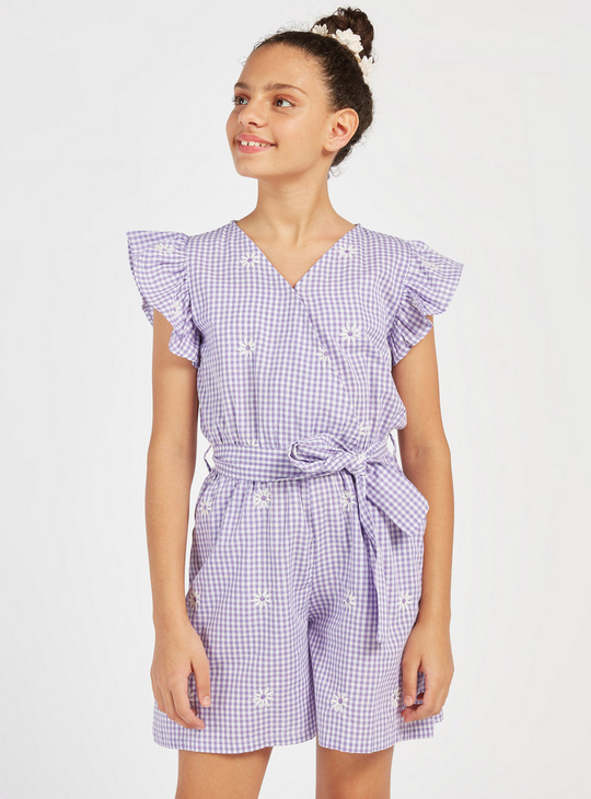 Checked V-neck Playsuit with Ruffles and Tie-Up Belt