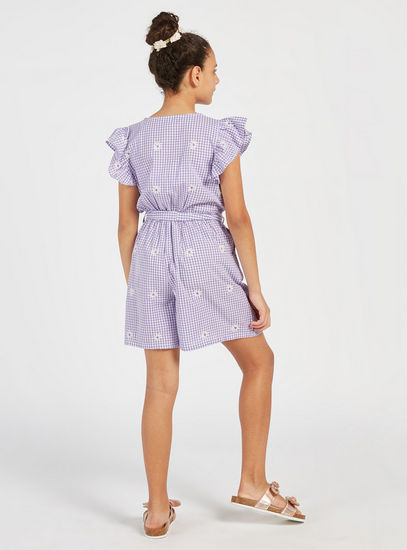 Checked V-neck Playsuit with Ruffles and Tie-Up Belt