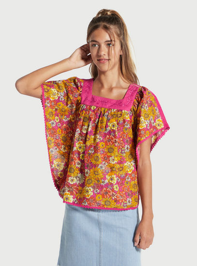 Floral Print Kaftan Top with Square Neck-Shirts & Blouses-image-0