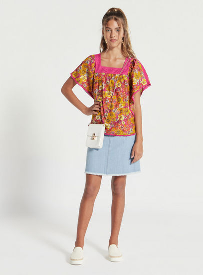 Floral Print Kaftan Top with Square Neck-Shirts & Blouses-image-1