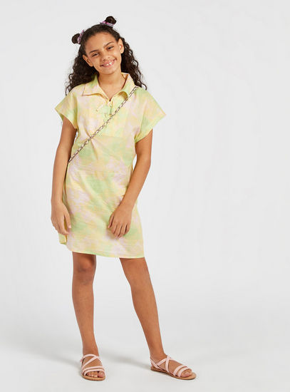 Printed Short Sleeve Tunic with Collar and Tie-Up Detail