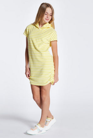 Striped Short Sleeve Tshirt Dress with Hood and Ruched Detail