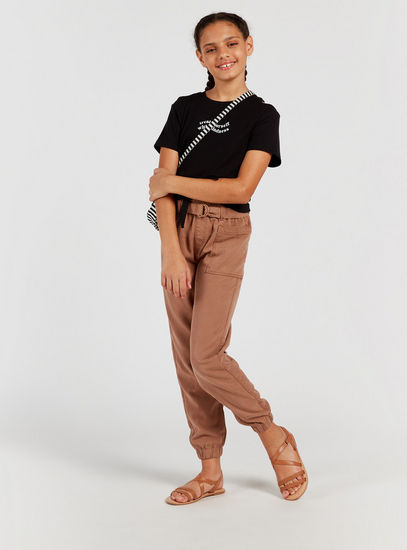 Solid Joggers with Belt Closure and Pockets