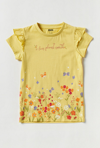 Floral Print T-shirt with Short Sleeves and Ruffles