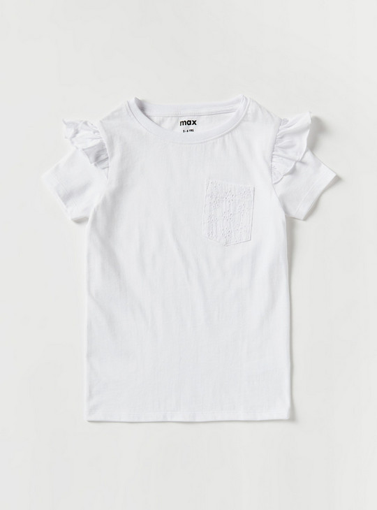 Solid T-shirt with Schiffli Detail Pocket and Short Frill Sleeves