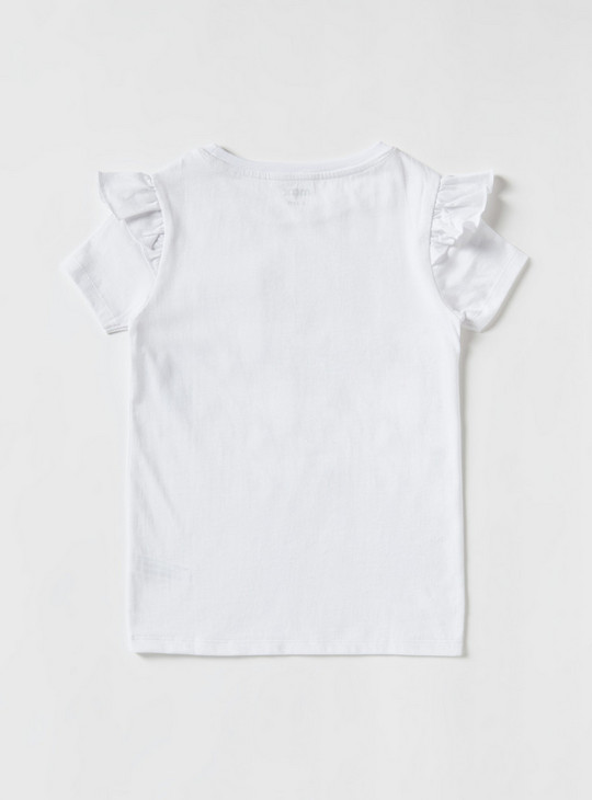 Solid T-shirt with Schiffli Detail Pocket and Short Frill Sleeves