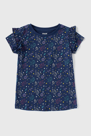 Unicorn Print T-shirt with Ruffles and Short Sleeves