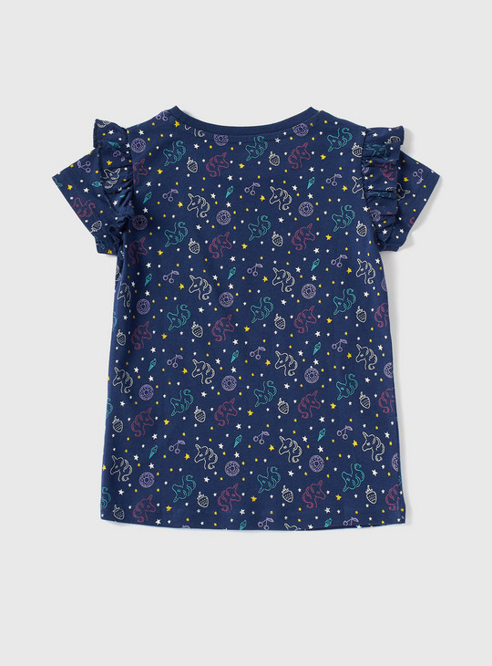 Unicorn Print T-shirt with Ruffles and Short Sleeves