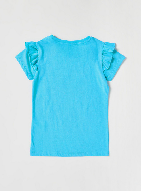 Printed Round Neck T-shirt with Short Sleeves and Ruffle Detail