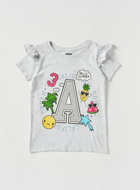 Graphic Print T-shirt with Frill Detail Sleeves and Round Neck