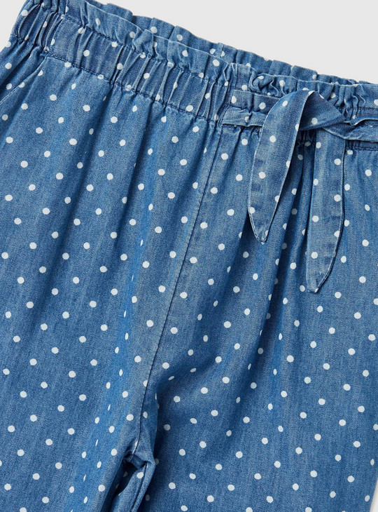 Polka Dot Print Pants with Elasticated Waistband and Tie-Up Detail