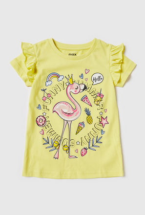 Flamingo Print T-shirt with Ruffles and Short Sleeves