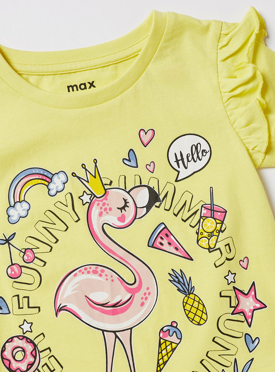 Flamingo Print T-shirt with Ruffles and Short Sleeves