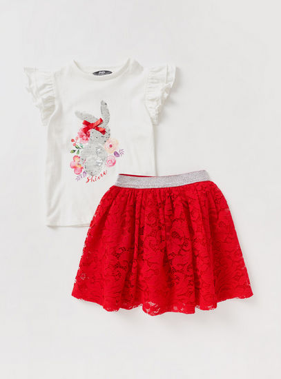 Sequin Detail Short Frill Sleeves T-shirt with Lace Skirt