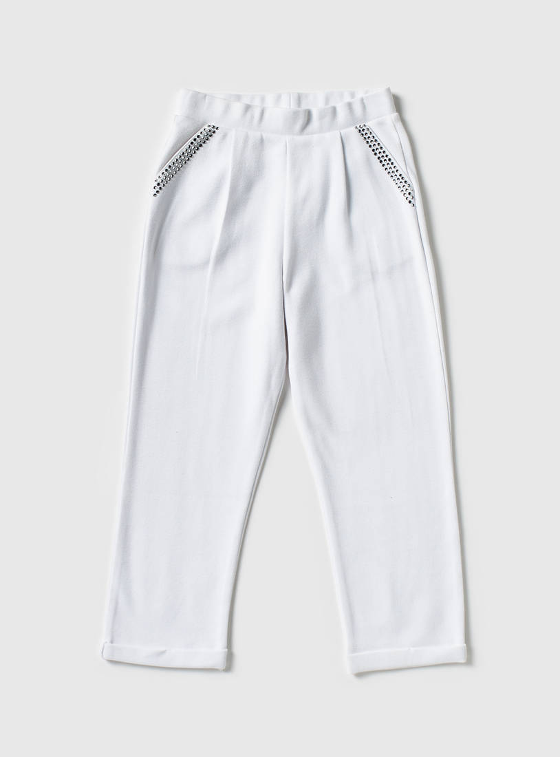Plain Trousers with Elasticised Waistband and Studded Pocket Trim-Trousers-image-0