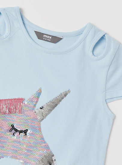 Unicorn Embellished T-shirt with Cut Out Detail and Cap Sleeves