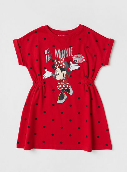 Minnie Mouse Polka Dots Print Sweat Dress with Short Sleeves