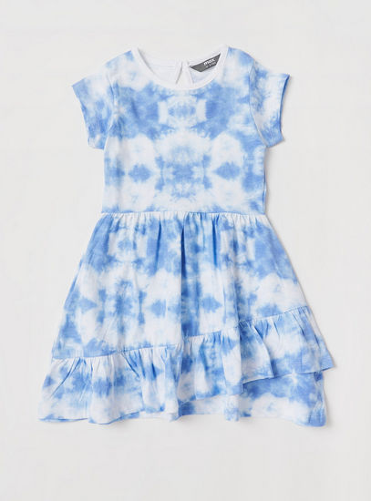Tie-Dye Print A-line Dress with Round Neck and Cap Sleeves
