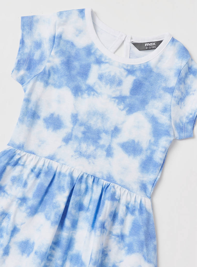 Tie-Dye Print A-line Dress with Round Neck and Cap Sleeves-Casual Dresses-image-1