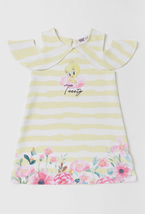 Tweety Print Dress with Short Sleeves and Cut-Out Detail