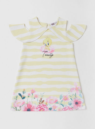 Tweety Print Dress with Short Sleeves and Cut-Out Detail