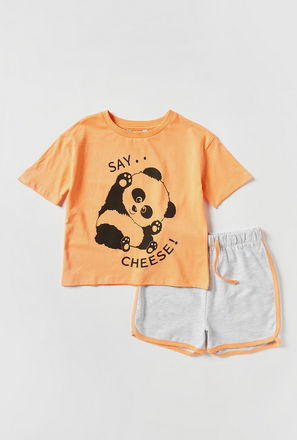 Panda Print Round Neck T-shirt and Shorts Set