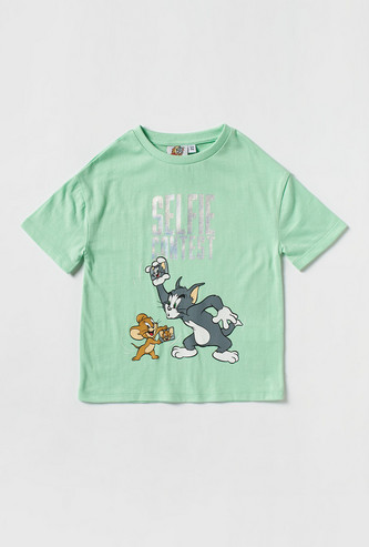 Tom and Jerry Foil Print T-shirt with Short Sleeves and Round Neck