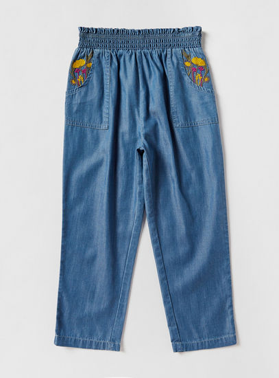 Embroidered Denim Pants with Elasticated Waistband and Pockets