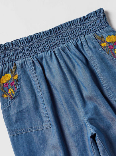 Embroidered Denim Pants with Elasticated Waistband and Pockets