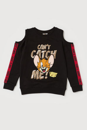 Tom and Jerry Print Sweatshirt with Cold Shoulder Sleeves and Sequin Detail