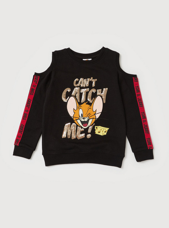 Tom and Jerry Print Sweatshirt with Cold Shoulder Sleeves and Sequin Detail