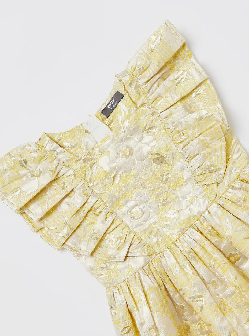 فستان جاكار بياقة مستديرة وأكمام قصيرة وتفاصيل كشكش-فساتين المناسبات-image-1