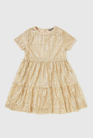 Sequin Detail Tiered Dress with Round Neck and Short Sleeves