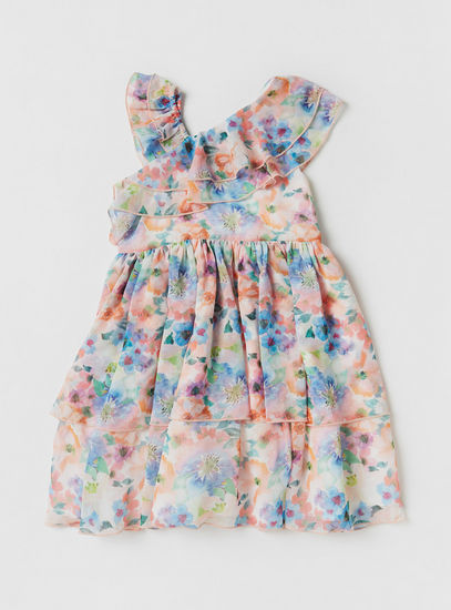 Floral Print Sleeveless Tiered Dress with Ruffles