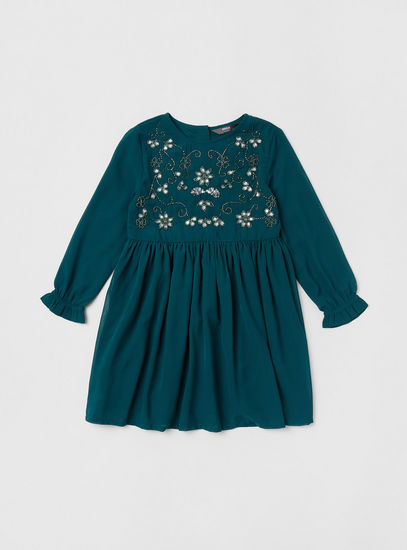 Embellished Sequin Detail A-line Dress with Long Sleeves and Round Neck