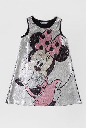 Minnie Mouse Print Sleeveless Dress with Round Neck and Sequin Detail