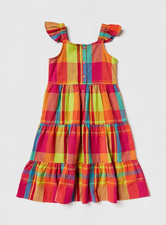 Checked Tiered Knee Length Dress with Round Neck
