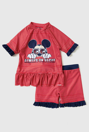Mickey Mouse Print Striped 2-Piece Swimsuit Set