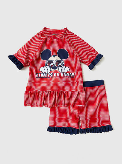 Mickey Mouse Print Striped 2-Piece Swimsuit Set