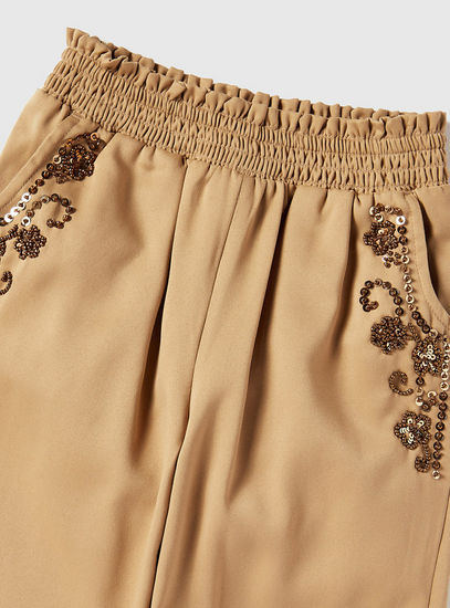 Embellished Pants with Shirred Waistband and Pockets