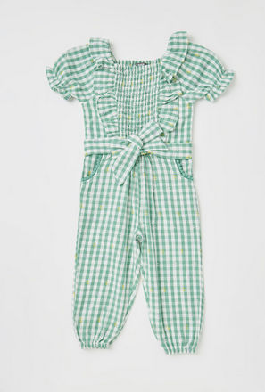 Checked Jumpsuit with Short Sleeves and Smocked Detail